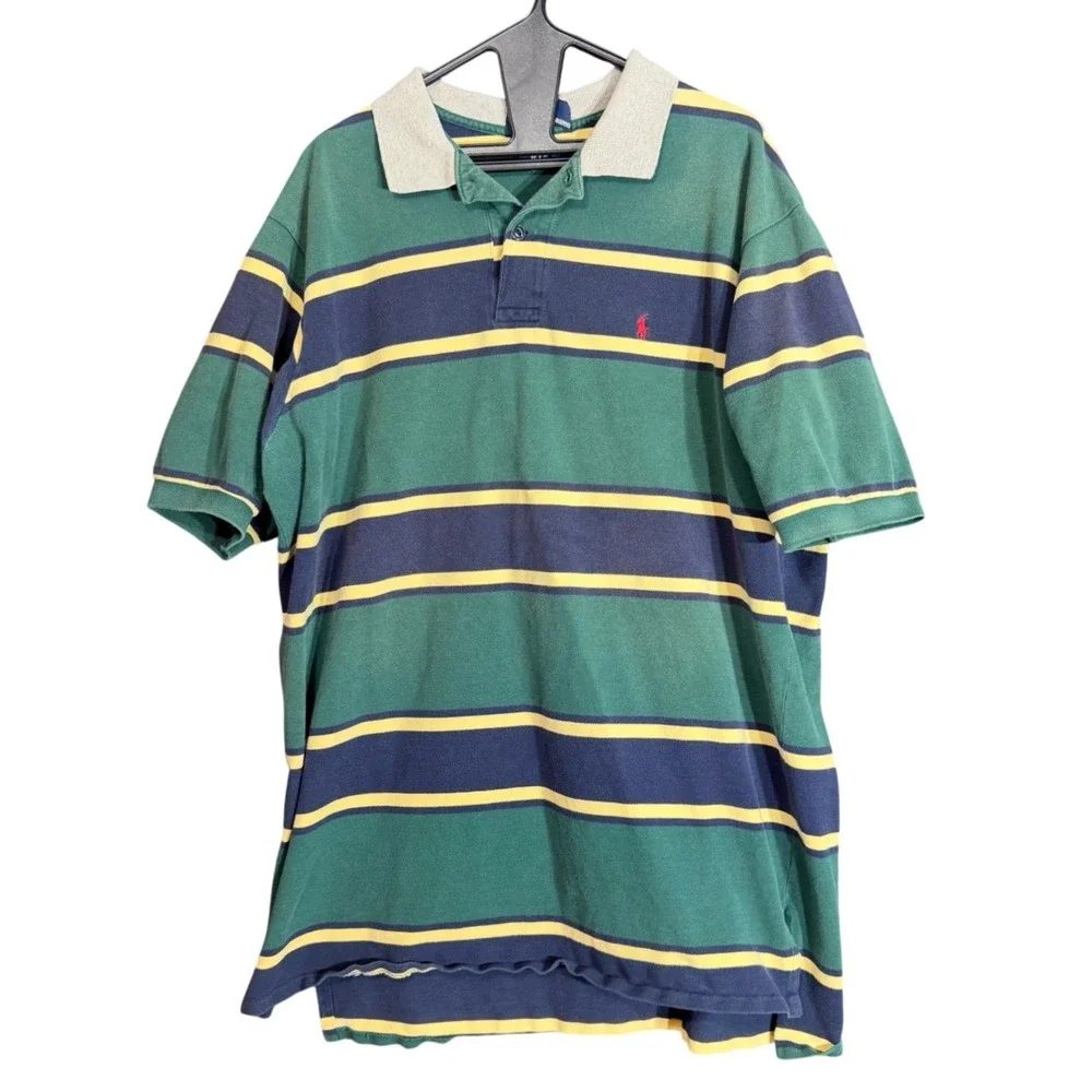 Vintage Polo Ralph‎ Lauren BIG Mens Size 2XL Polo Shirt Green Striped Pique USA